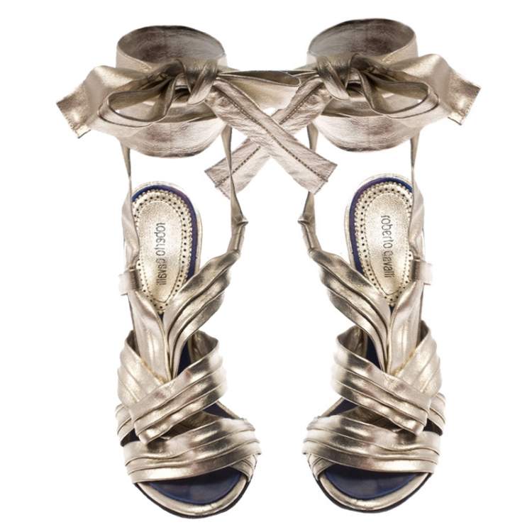 Pre Owned Roberto Cavalli Metallic Gold Leather Ankle Wrap Strappy Sandals Size 35.5