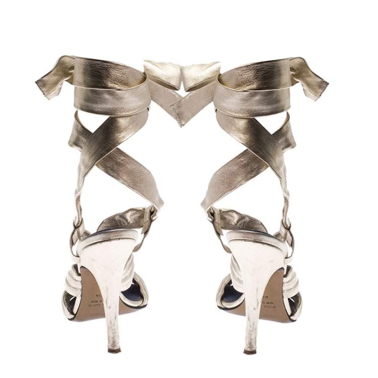Pre Owned Roberto Cavalli Metallic Gold Leather Ankle Wrap Strappy Sandals Size 35.5