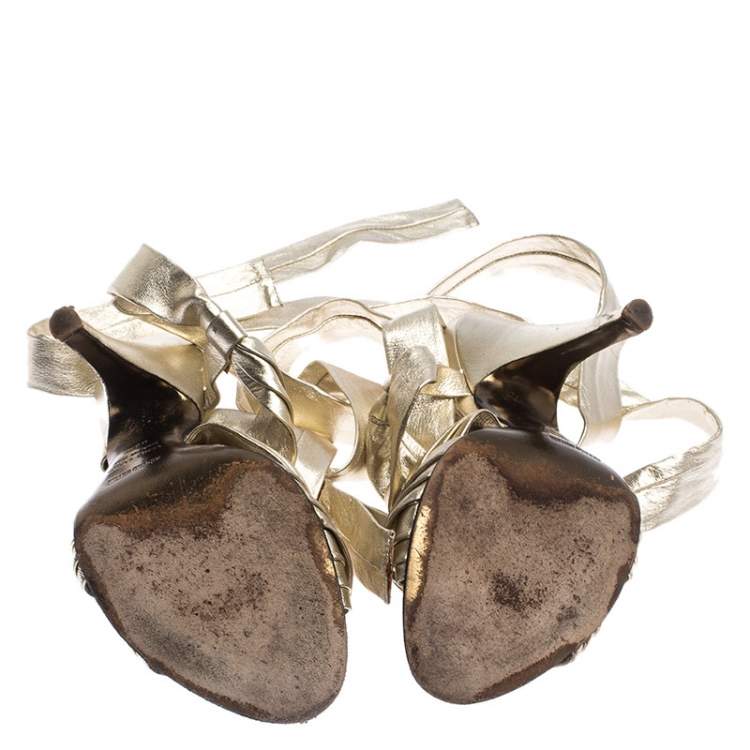 Pre Owned Roberto Cavalli Metallic Gold Leather Ankle Wrap Strappy Sandals Size 35.5