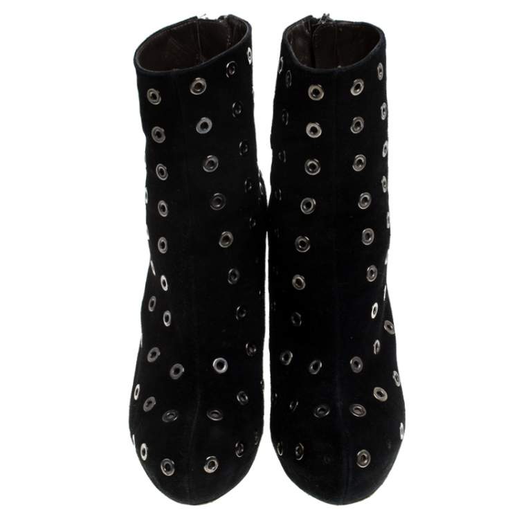 Pre Owned Roberto Cavalli Black Eyelet Suede Platform Ankle Boots Size 36.5