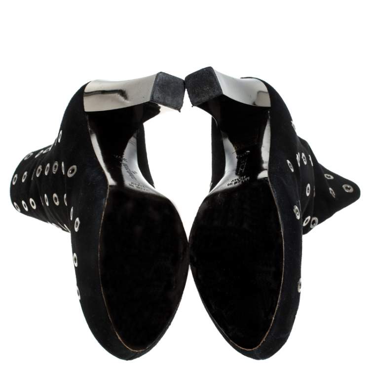 Pre Owned Roberto Cavalli Black Eyelet Suede Platform Ankle Boots Size 36.5