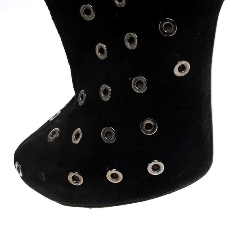 Pre Owned Roberto Cavalli Black Eyelet Suede Platform Ankle Boots Size 36.5