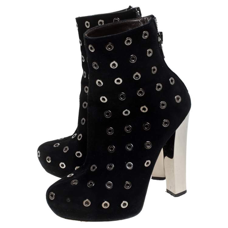 Pre Owned Roberto Cavalli Black Eyelet Suede Platform Ankle Boots Size 36.5