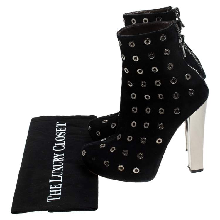 Pre Owned Roberto Cavalli Black Eyelet Suede Platform Ankle Boots Size 36.5