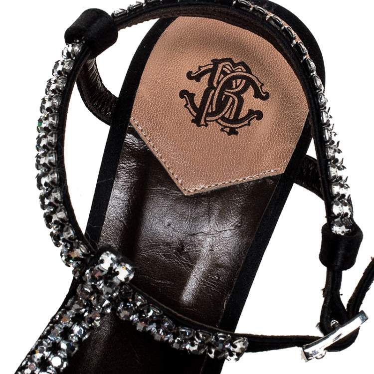 Pre Owned Roberto Cavalli Black Satin Crystal Embellished T-Bar Ankle Strap Sandals Size 38