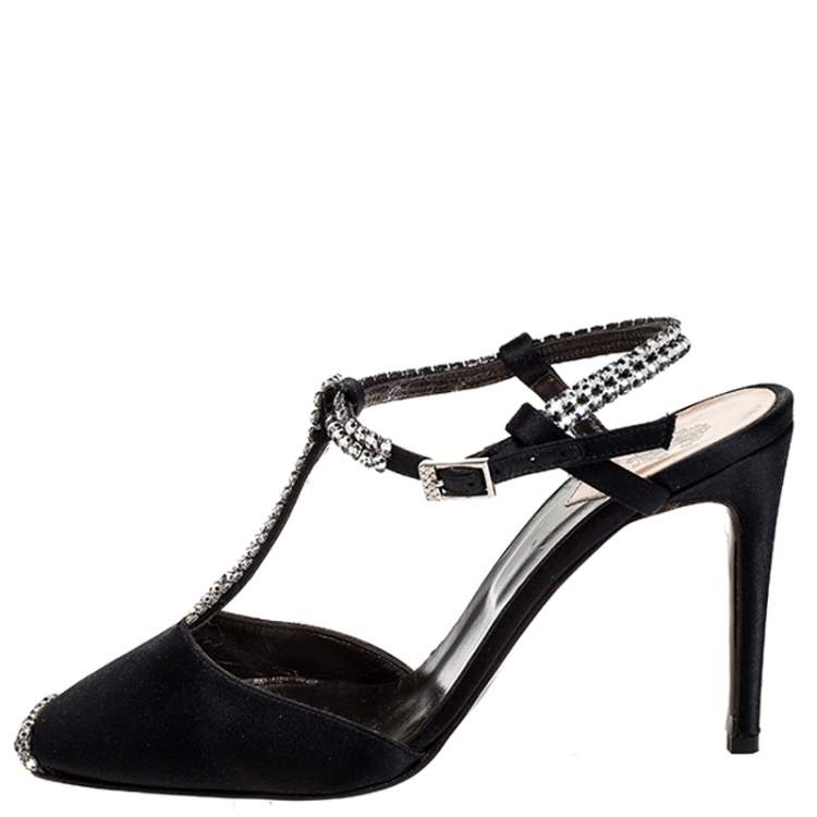 Pre Owned Roberto Cavalli Black Satin Crystal Embellished T-Bar Ankle Strap Sandals Size 38