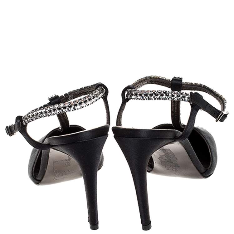 Pre Owned Roberto Cavalli Black Satin Crystal Embellished T-Bar Ankle Strap Sandals Size 38