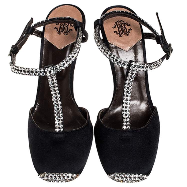 Pre Owned Roberto Cavalli Black Satin Crystal Embellished T-Bar Ankle Strap Sandals Size 38