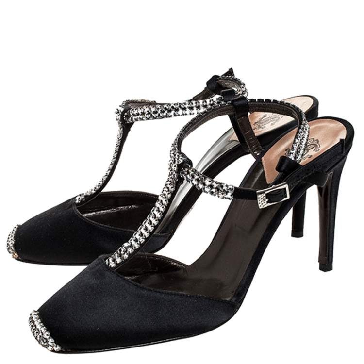 Pre Owned Roberto Cavalli Black Satin Crystal Embellished T-Bar Ankle Strap Sandals Size 38