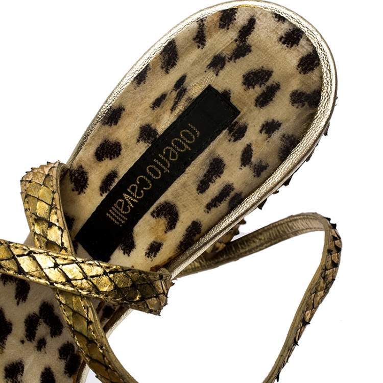 Pre Owned Roberto Cavalli Metallic Gold Python Leather Embellished Ankle Strap Sandals Size 38