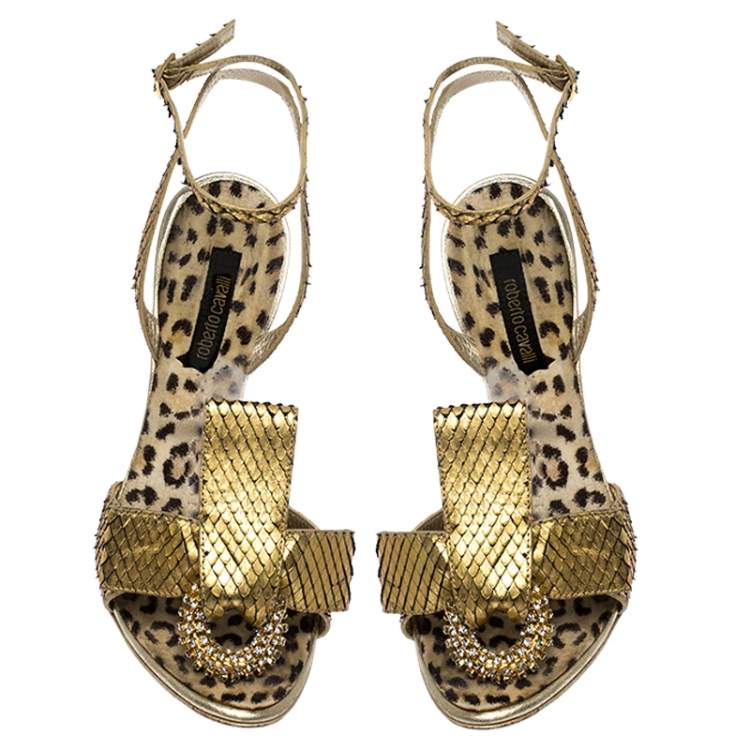 Pre Owned Roberto Cavalli Metallic Gold Python Leather Embellished Ankle Strap Sandals Size 38