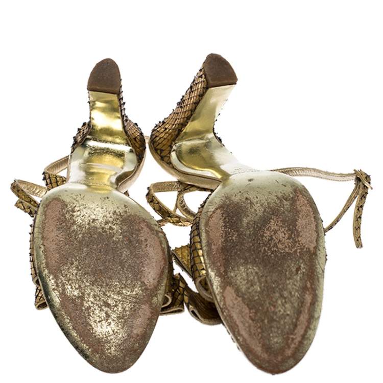 Pre Owned Roberto Cavalli Metallic Gold Python Leather Embellished Ankle Strap Sandals Size 38