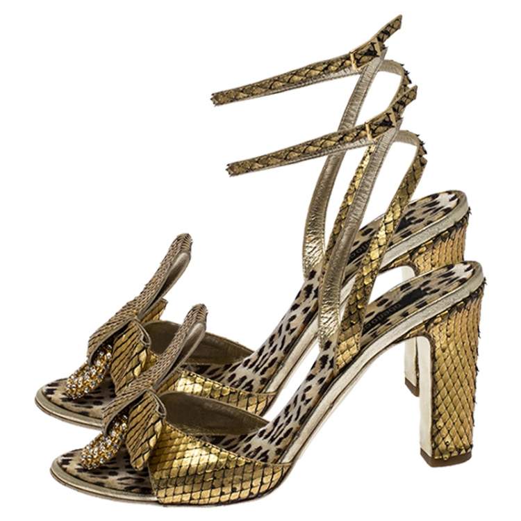 Pre Owned Roberto Cavalli Metallic Gold Python Leather Embellished Ankle Strap Sandals Size 38