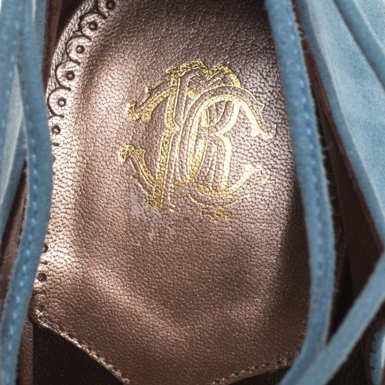 Pre Owned Roberto Cavalli Blue Nubuck And Patent Lace Up Platform Pumps Size 39
