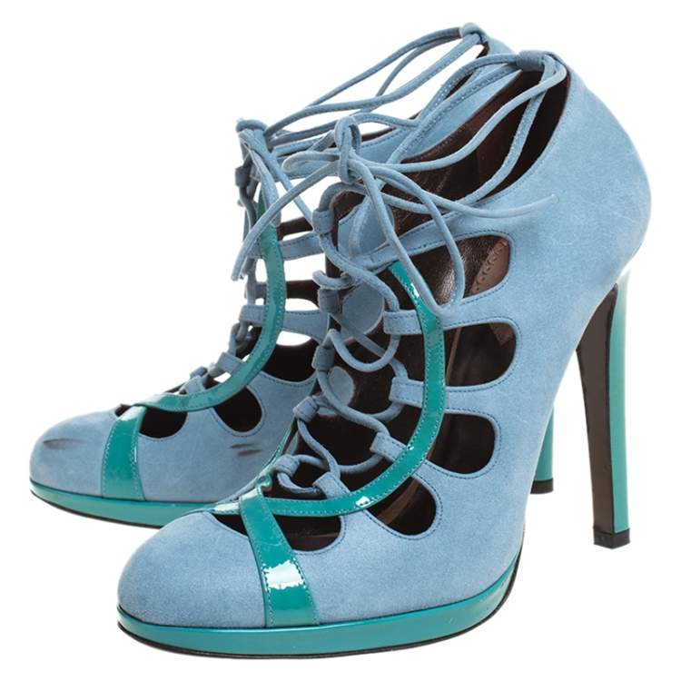 Pre Owned Roberto Cavalli Blue Nubuck And Patent Lace Up Platform Pumps Size 39