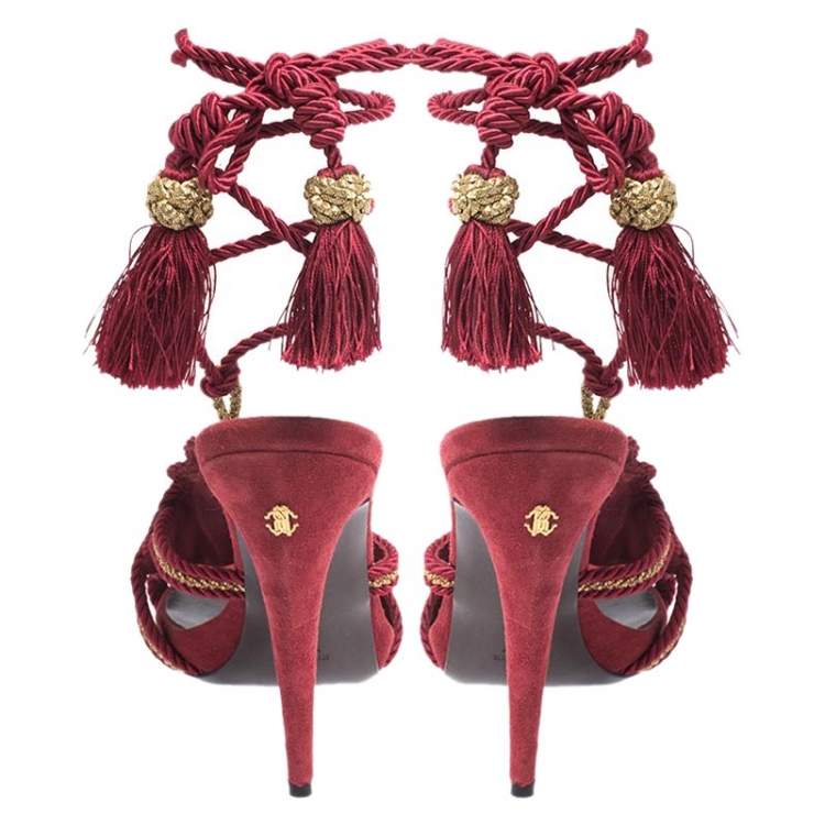Pre Owned Roberto Cavalli Red Woven Fabric Gladiator Ankle Wrap Sandals Size 40