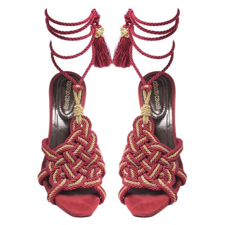 Pre Owned Roberto Cavalli Red Woven Fabric Gladiator Ankle Wrap Sandals Size 40