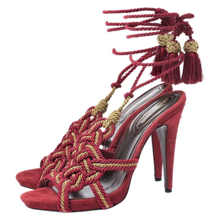 Pre Owned Roberto Cavalli Red Woven Fabric Gladiator Ankle Wrap Sandals Size 40