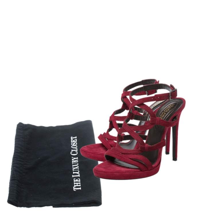 Pre Owned Roberto Cavalli Red Suede Leather Strappy Sandals Size 37