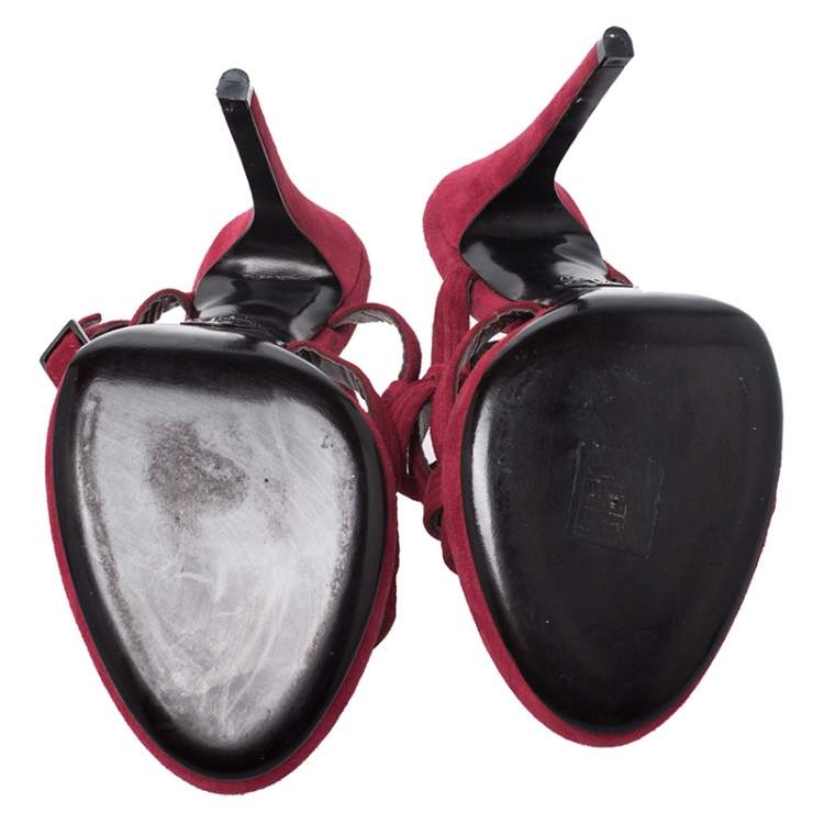 Pre Owned Roberto Cavalli Red Suede Leather Strappy Sandals Size 37