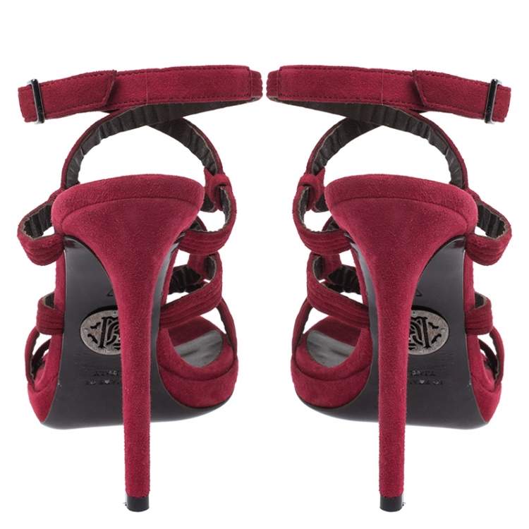 Pre Owned Roberto Cavalli Red Suede Leather Strappy Sandals Size 37