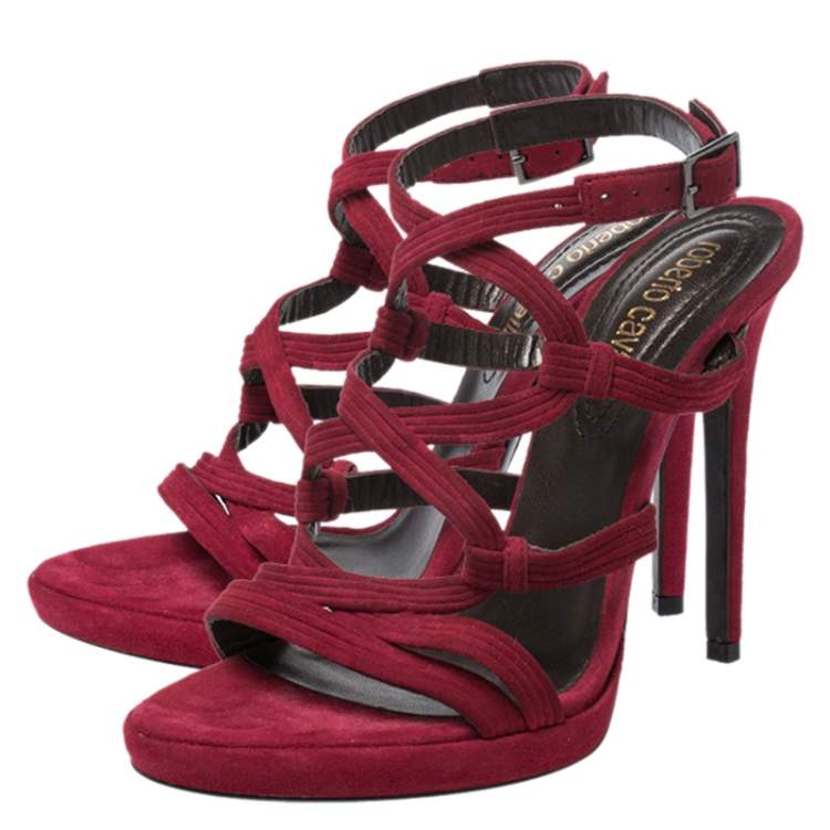 Pre Owned Roberto Cavalli Red Suede Leather Strappy Sandals Size 37