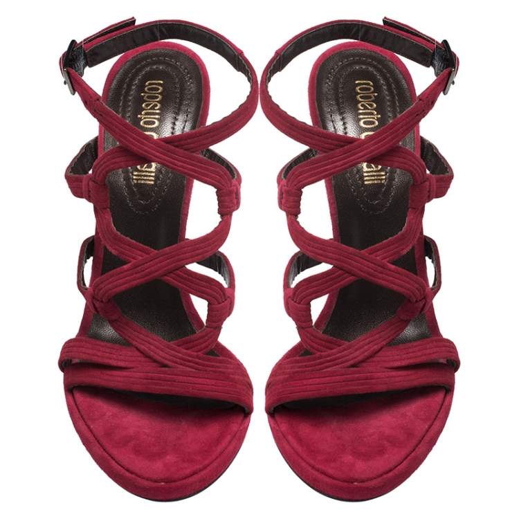 Pre Owned Roberto Cavalli Red Suede Leather Strappy Sandals Size 37