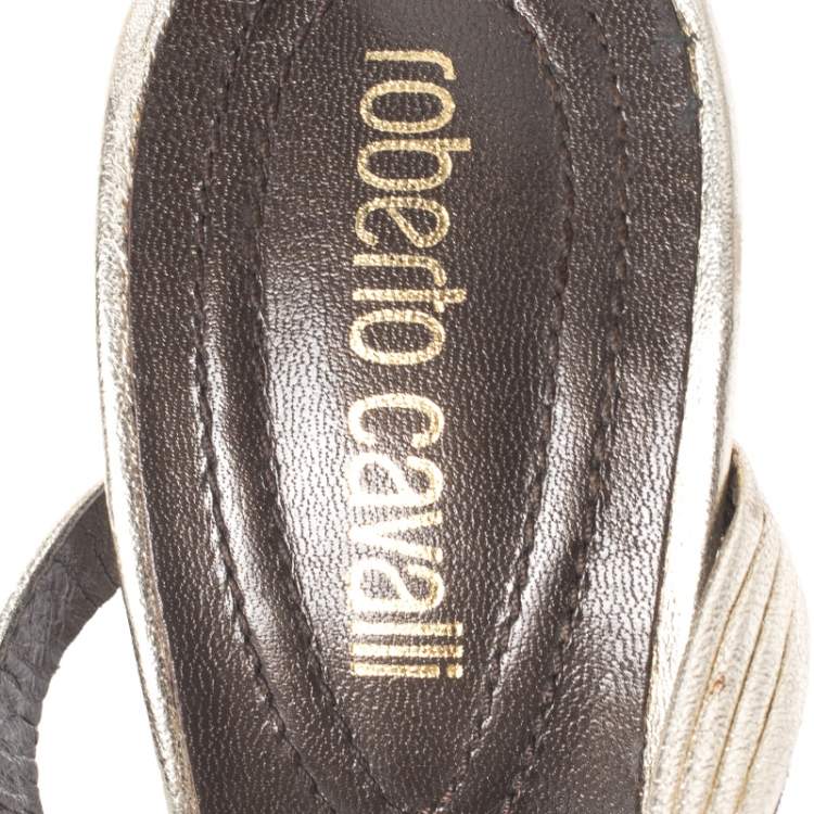 Pre Owned Roberto Cavalli Gold Leather Strappy Platform Sandals Size 37