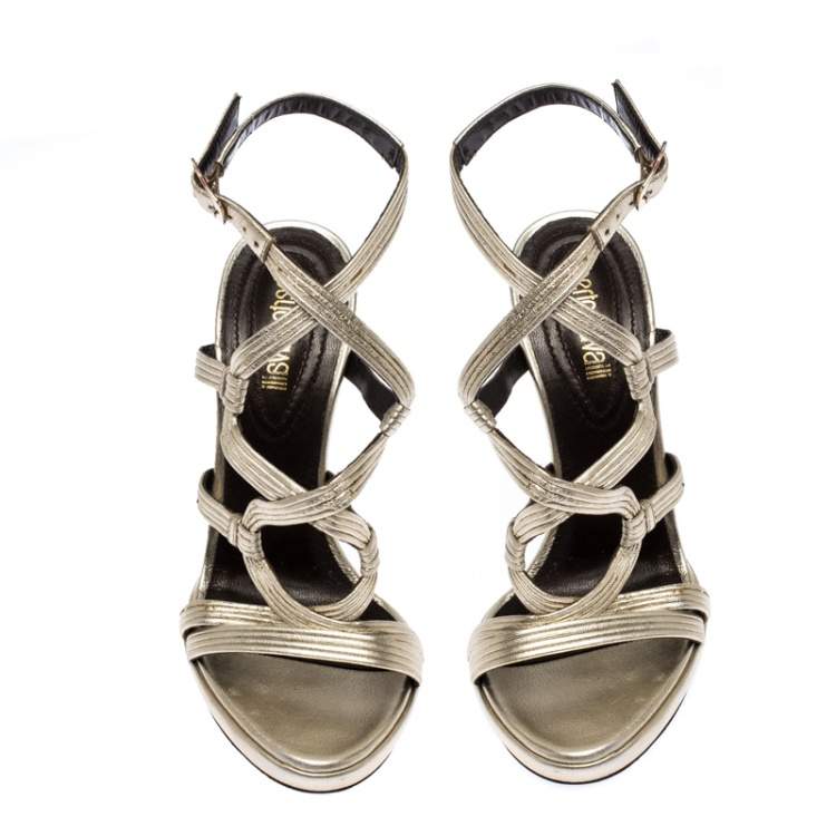 Pre Owned Roberto Cavalli Gold Leather Strappy Platform Sandals Size 37