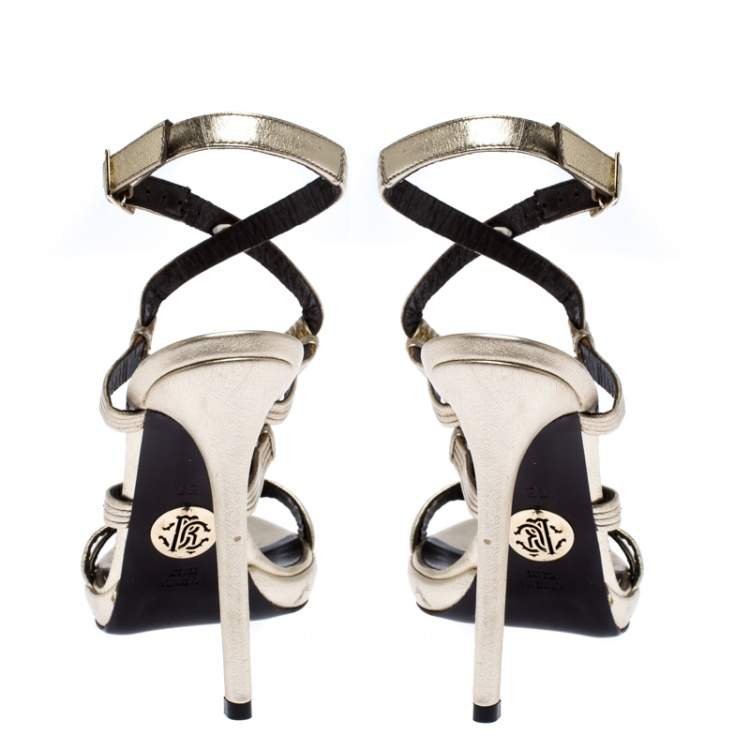 Pre Owned Roberto Cavalli Gold Leather Strappy Platform Sandals Size 37