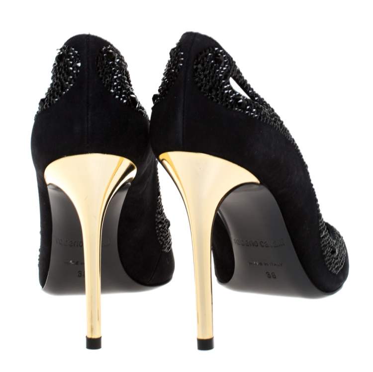 مملوكة مسبقًا Roberto Cavalli Black Crystal Embellished Suede Pointed Toe Pumps Size 38