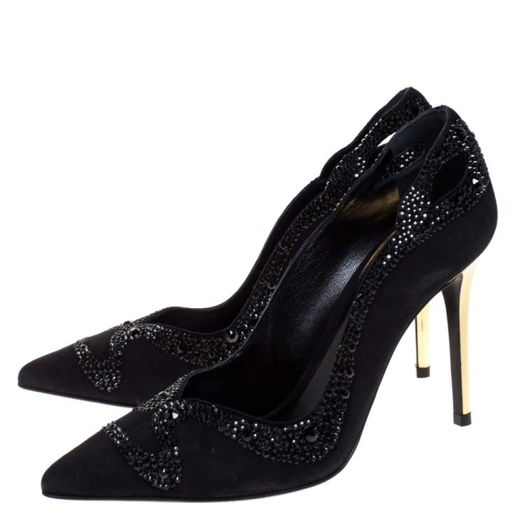 مملوكة مسبقًا Roberto Cavalli Black Crystal Embellished Suede Pointed Toe Pumps Size 38