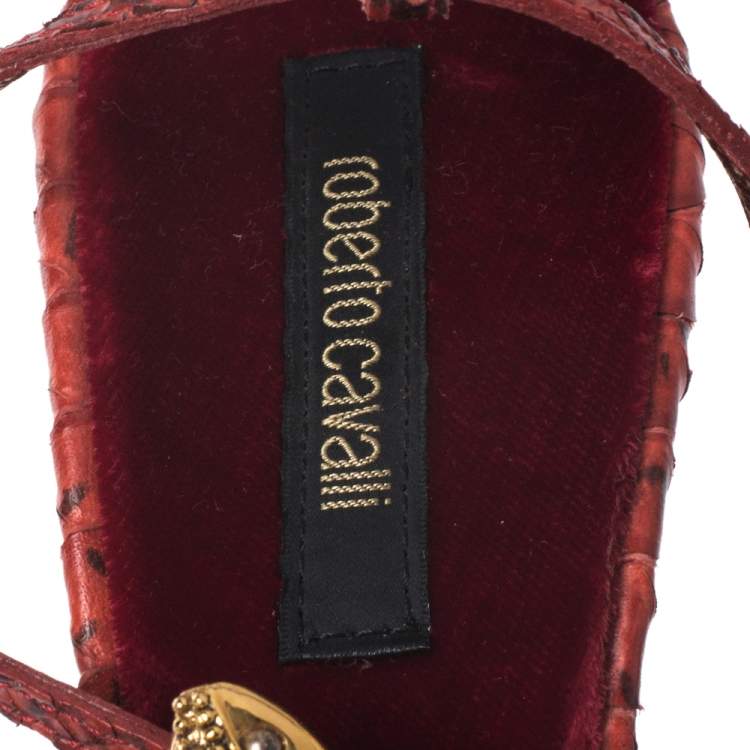 Pre Owned Roberto Cavalli Red Python and Velvet Snake Embellished Ankle Strap Sandals Size 41 