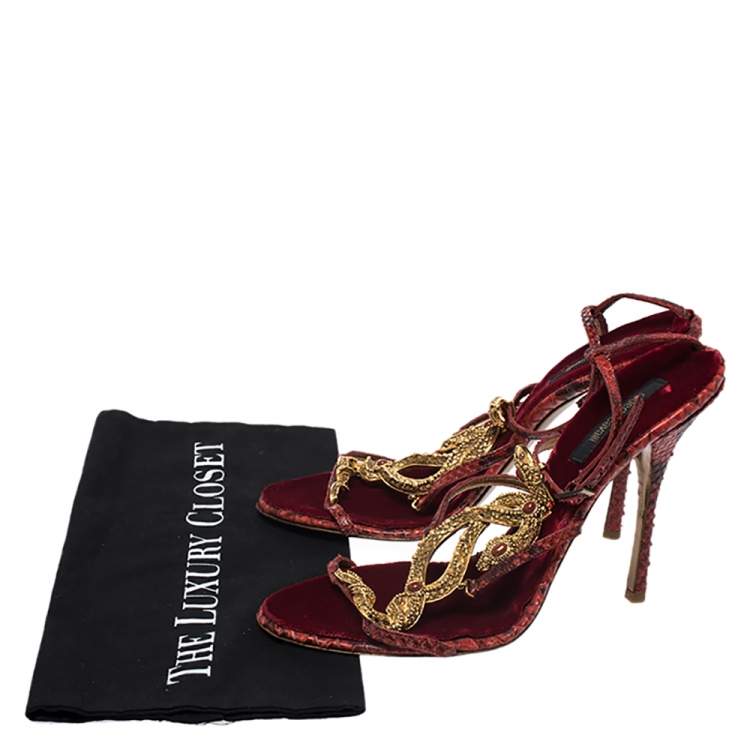 Pre Owned Roberto Cavalli Red Python and Velvet Snake Embellished Ankle Strap Sandals Size 41 