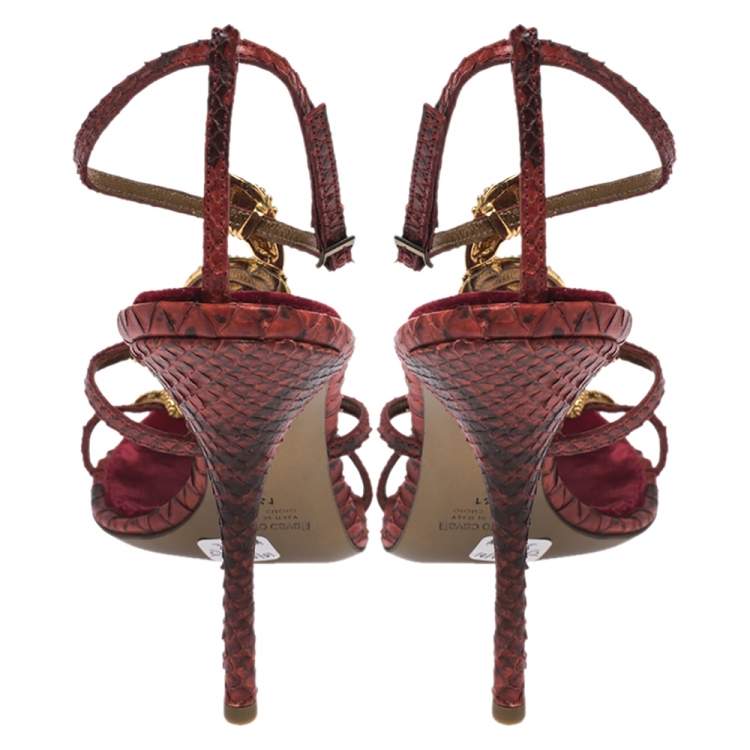 Pre Owned Roberto Cavalli Red Python and Velvet Snake Embellished Ankle Strap Sandals Size 41 