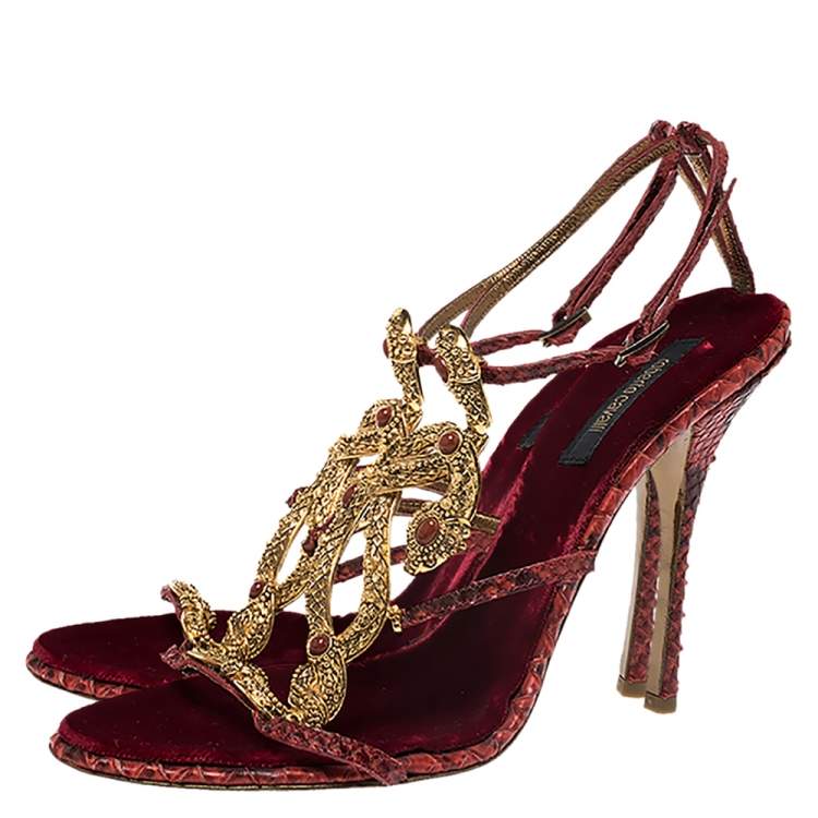 Pre Owned Roberto Cavalli Red Python and Velvet Snake Embellished Ankle Strap Sandals Size 41 