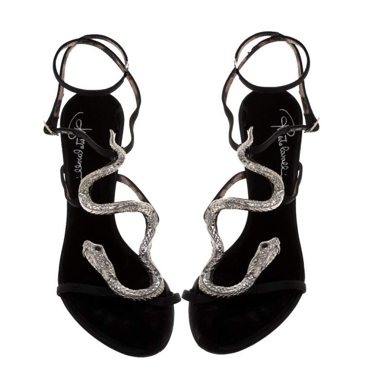 Pre Owned Roberto Cavalli Black Satin Snake Embellished Sandals Size 41