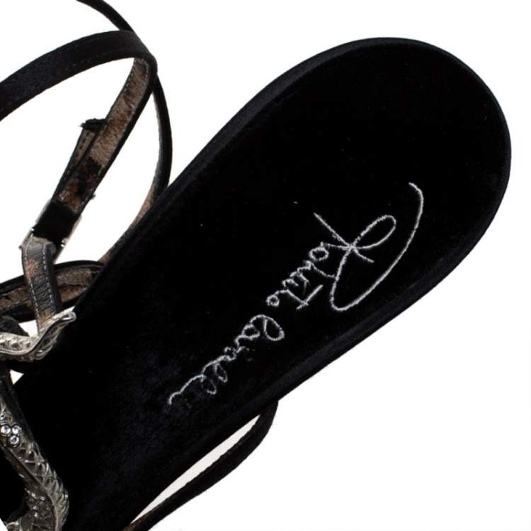 Pre Owned Roberto Cavalli Black Satin Snake Embellished Sandals Size 41