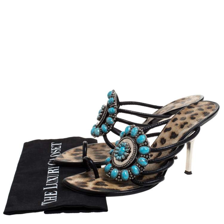 Pre Owned Roberto Cavalli Black Leather Turquoise Stone Embellished Slide Toe Ring Sandals Size 39
