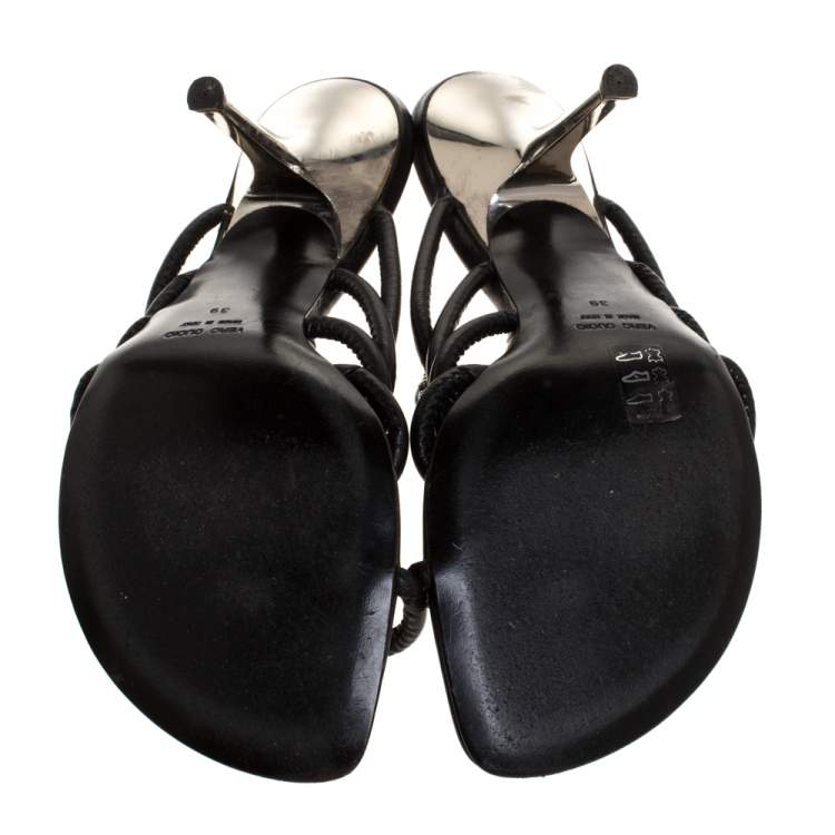 Pre Owned Roberto Cavalli Black Leather Turquoise Stone Embellished Slide Toe Ring Sandals Size 39