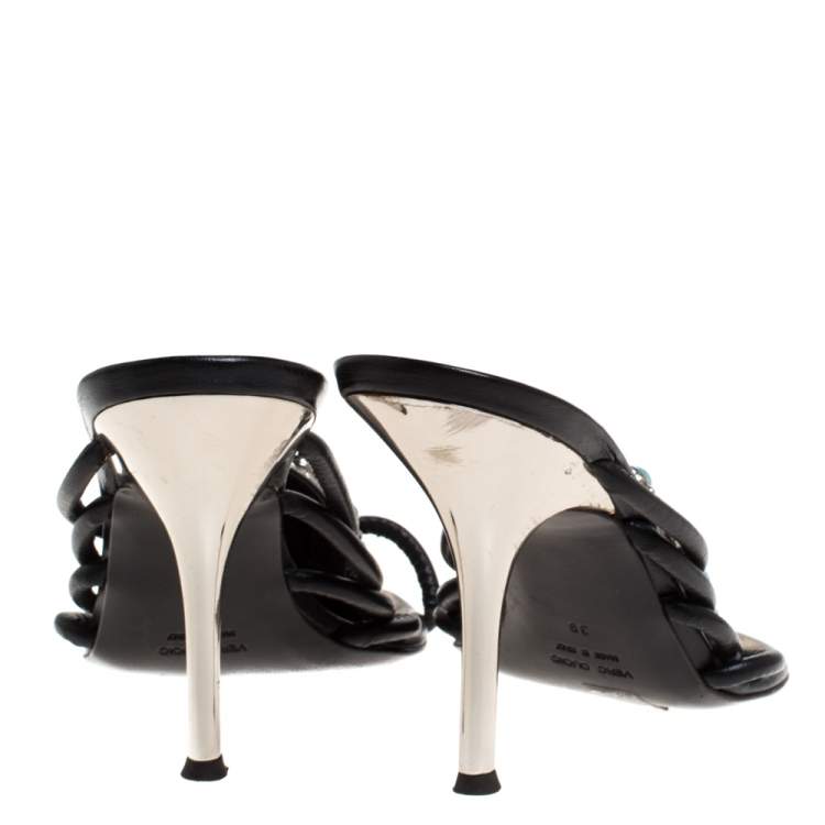 Pre Owned Roberto Cavalli Black Leather Turquoise Stone Embellished Slide Toe Ring Sandals Size 39