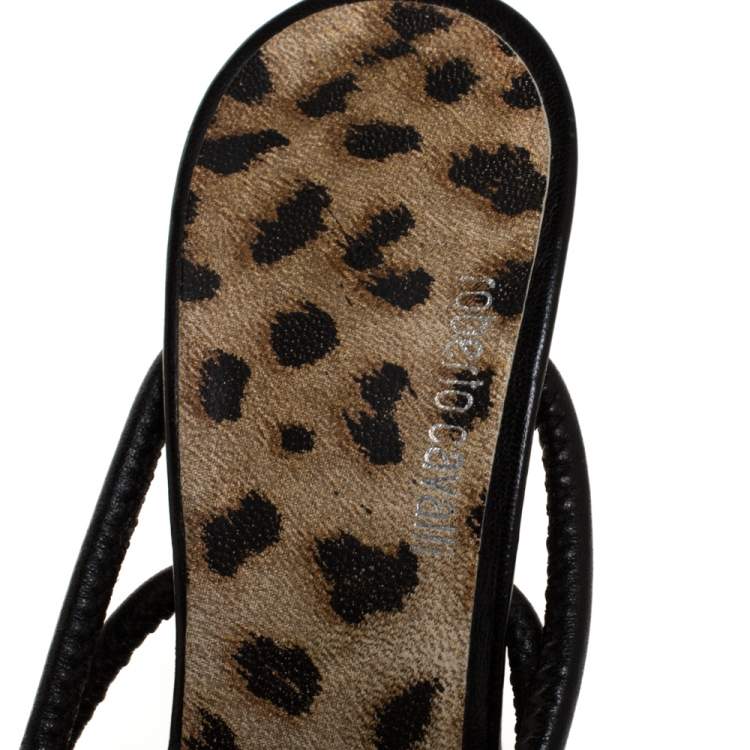 Pre Owned Roberto Cavalli Black Leather Turquoise Stone Embellished Slide Toe Ring Sandals Size 39