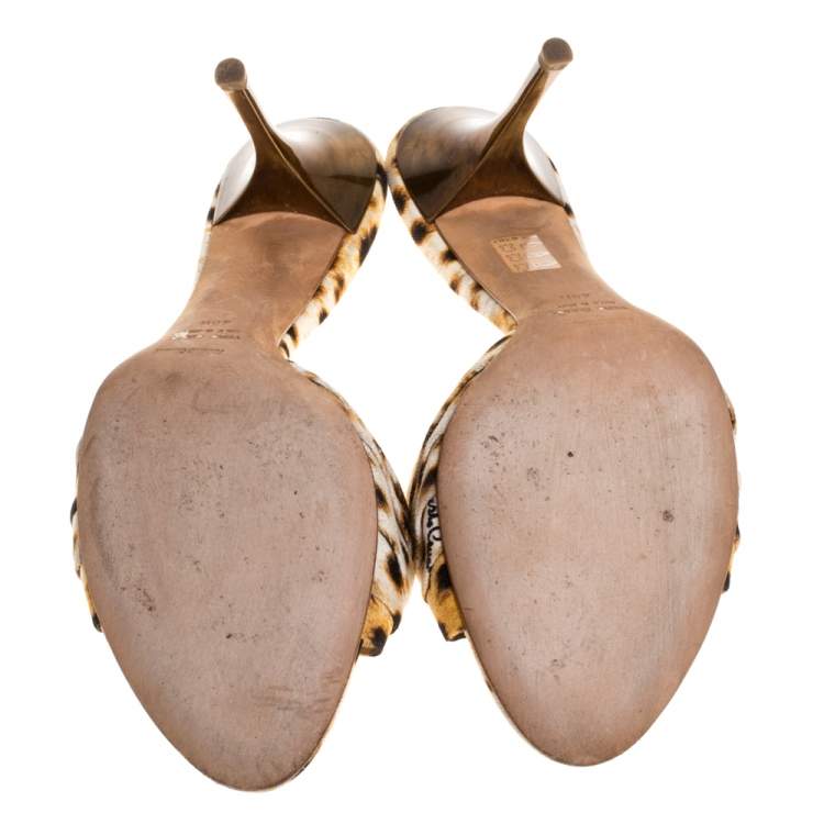 Pre Owned Roberto Cavalli Brown/Beige Leopard Print Canvas Open Toe Sandals Size 40.5
