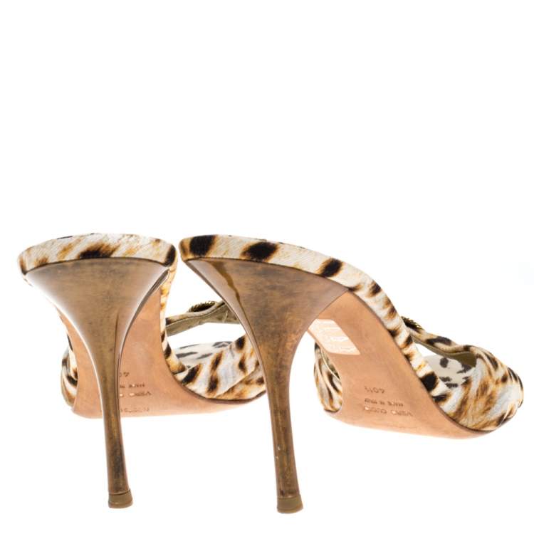 Pre Owned Roberto Cavalli Brown/Beige Leopard Print Canvas Open Toe Sandals Size 40.5