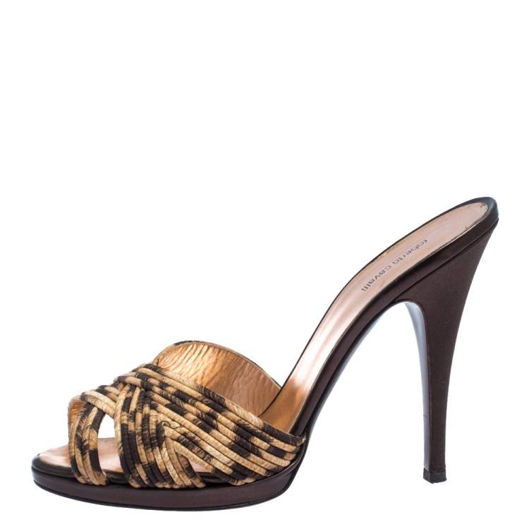 Pre Owned Roberto Cavalli Leopard Print Satin Open Toe Platform Sandals Size 40