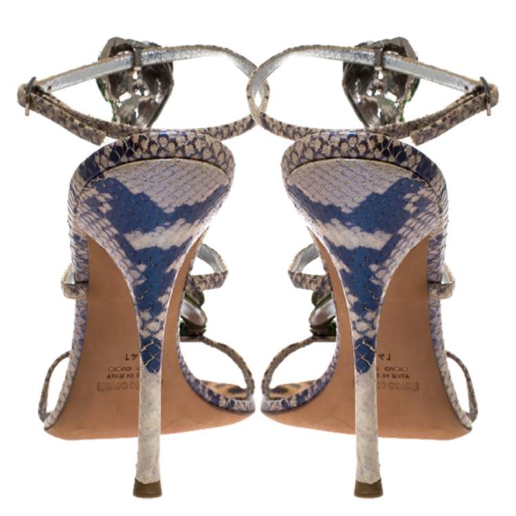 Pre Owned Roberto Cavalli Multicolor Python Metal Snake And Orchid Embellished Slingback Sandals Size 41