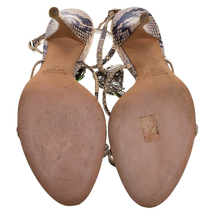 Pre Owned Roberto Cavalli Multicolor Python Metal Snake And Orchid Embellished Slingback Sandals Size 41