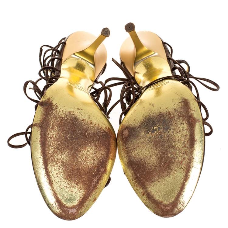 Pre Owned Roberto Cavalli Brown Python Lace Up Ankle Tie Sandals Size 40