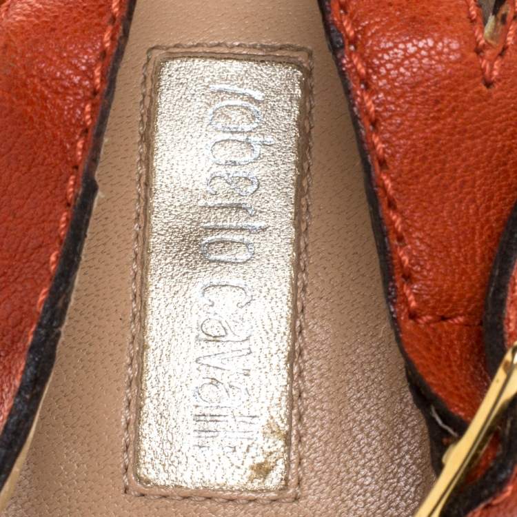 Pre Owned Roberto Cavalli Orange Leather Metal Embellished Ankle Strap Sandals Size 39