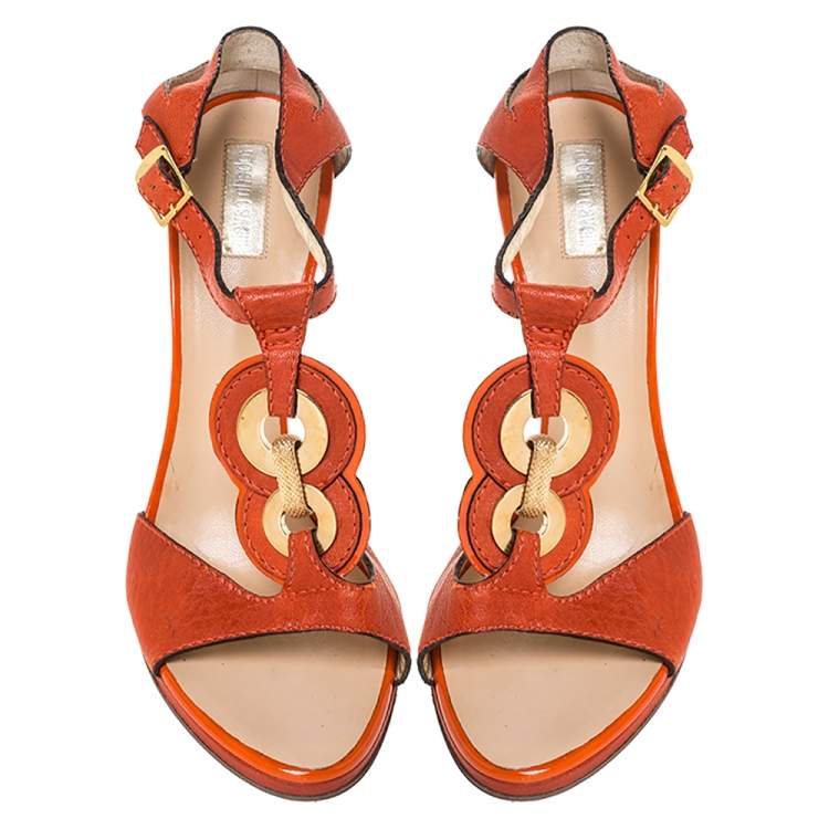 Pre Owned Roberto Cavalli Orange Leather Metal Embellished Ankle Strap Sandals Size 39